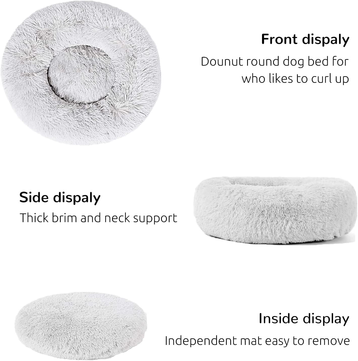 Calming Donut Cuddler Dog Bed, round Fluffy Pet Bed for Large Dogs,Washable, Large, Gray, 30''