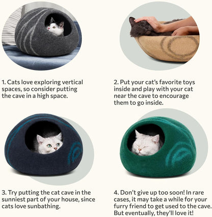 Premium Felt Cat Bed Cave - Handmade 100% Merino Wool Bed for Cats and Kittens, Cat (Large, Slate Grey)