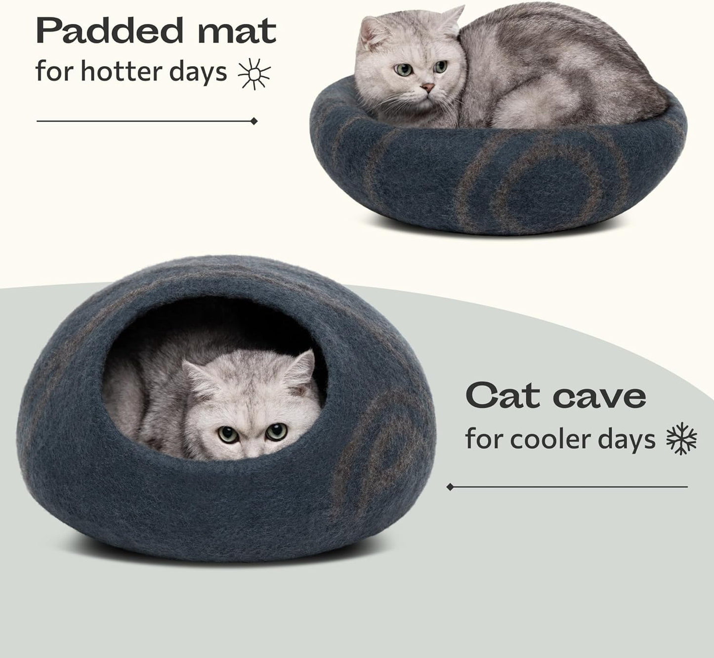 Premium Felt Cat Bed Cave - Handmade 100% Merino Wool Bed for Cats and Kittens, Cat (Large, Slate Grey)