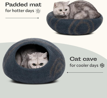 Premium Felt Cat Bed Cave - Handmade 100% Merino Wool Bed for Cats and Kittens, Cat (Large, Slate Grey)